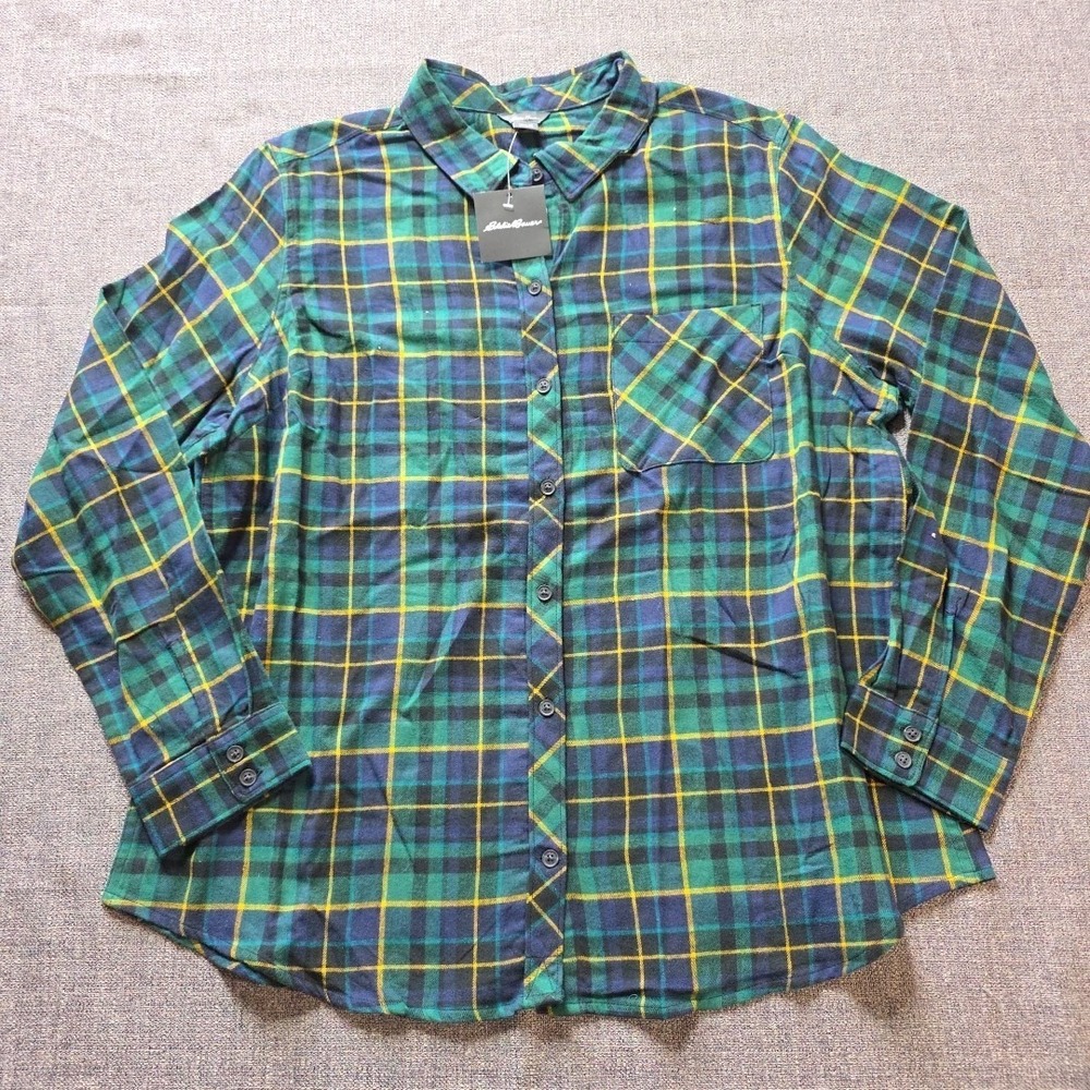 Eddie Bauer Forest Mineral Green Plaid Men's Large Flannel Button Up Shirt
